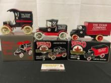 Trio of Texaco Oil Truck Coin Banks, Collectors Series 4, 5 & 6, in original packaging