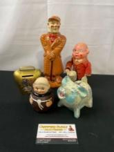 Antique Cast Metal Piggy Bank, Goebel Priest Sugar Container, Figural Bottle, Swiss Bell Coin Bank