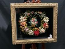 Antique Mid-Late 1800s Winter Mourning Wreath, Framed in a gilt Shadowbox