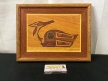 Framed Signed NW ? Native American Marquetry wood inlayed Swan or Duck, signed by artist 1983