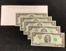 5 Two Dollar Bills W/ Sequential Serial Numbers - 1976