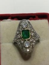 .925 Sterling Silver Art Deco Green Gemstone Ring