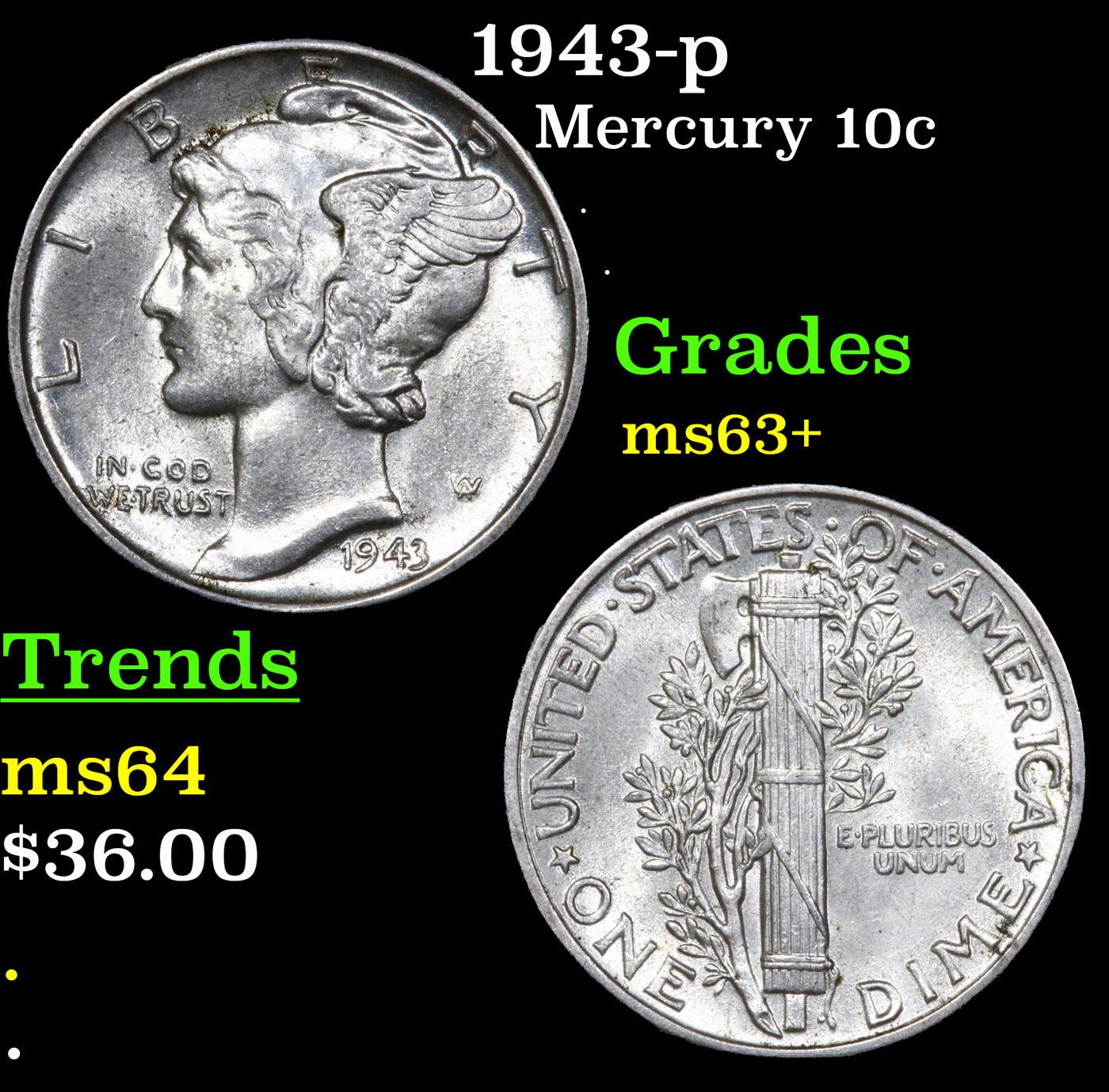 1943-p Mercury Dime 10c Grades Select+ Unc