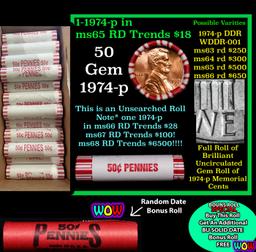 THIS AUCTION ONLY! BU Shotgun Lincoln 1c roll, 1974-p 50 pcs Plus one bonus random date BU roll! Ban