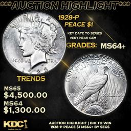 ***Auction Highlight*** 1928-p Peace Dollar 1 Graded ms64+ By SEGS (fc)