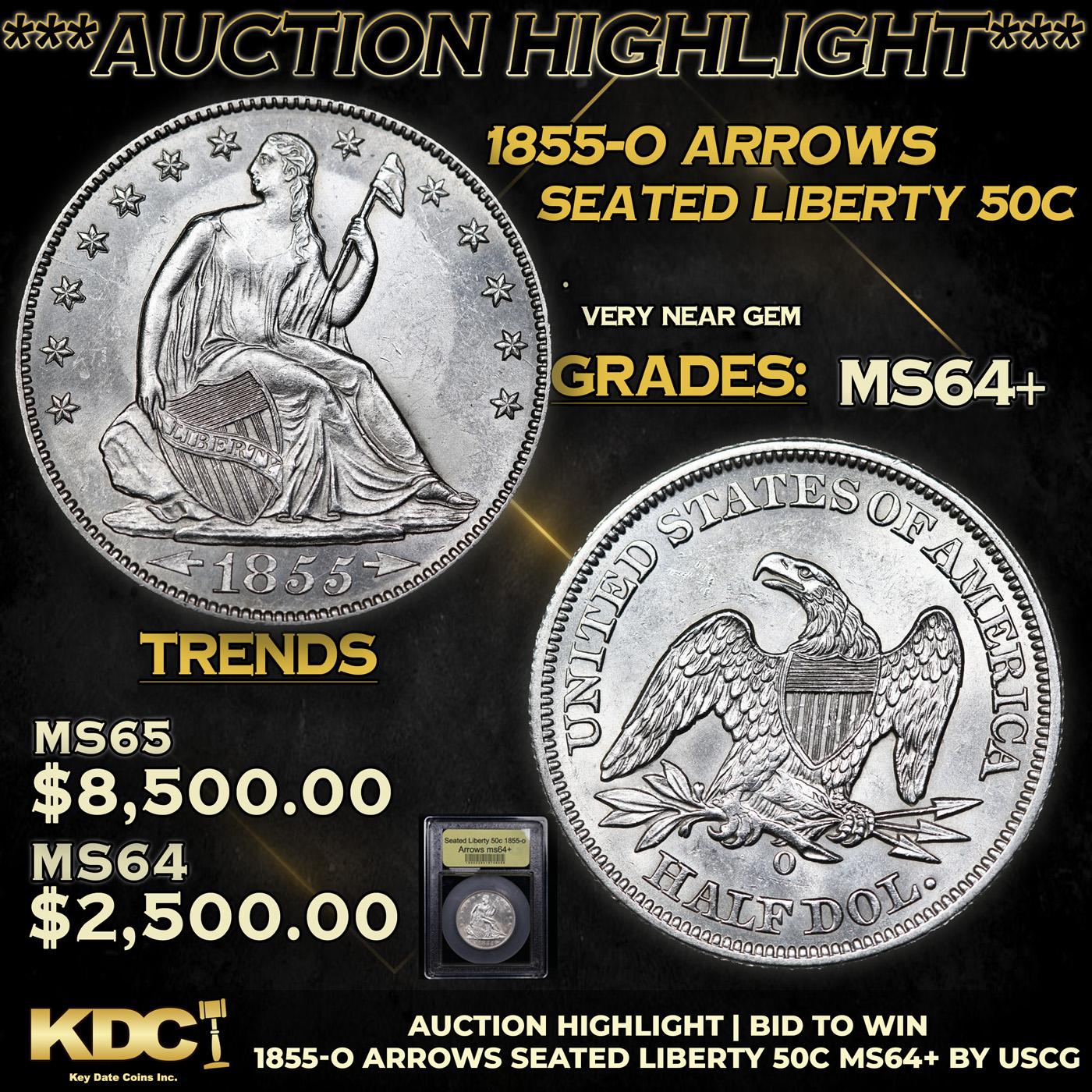 ***Auction Highlight*** 1855-o Arrows Seated Half Dollar 50c Graded Choice+ Unc By USCG (fc)