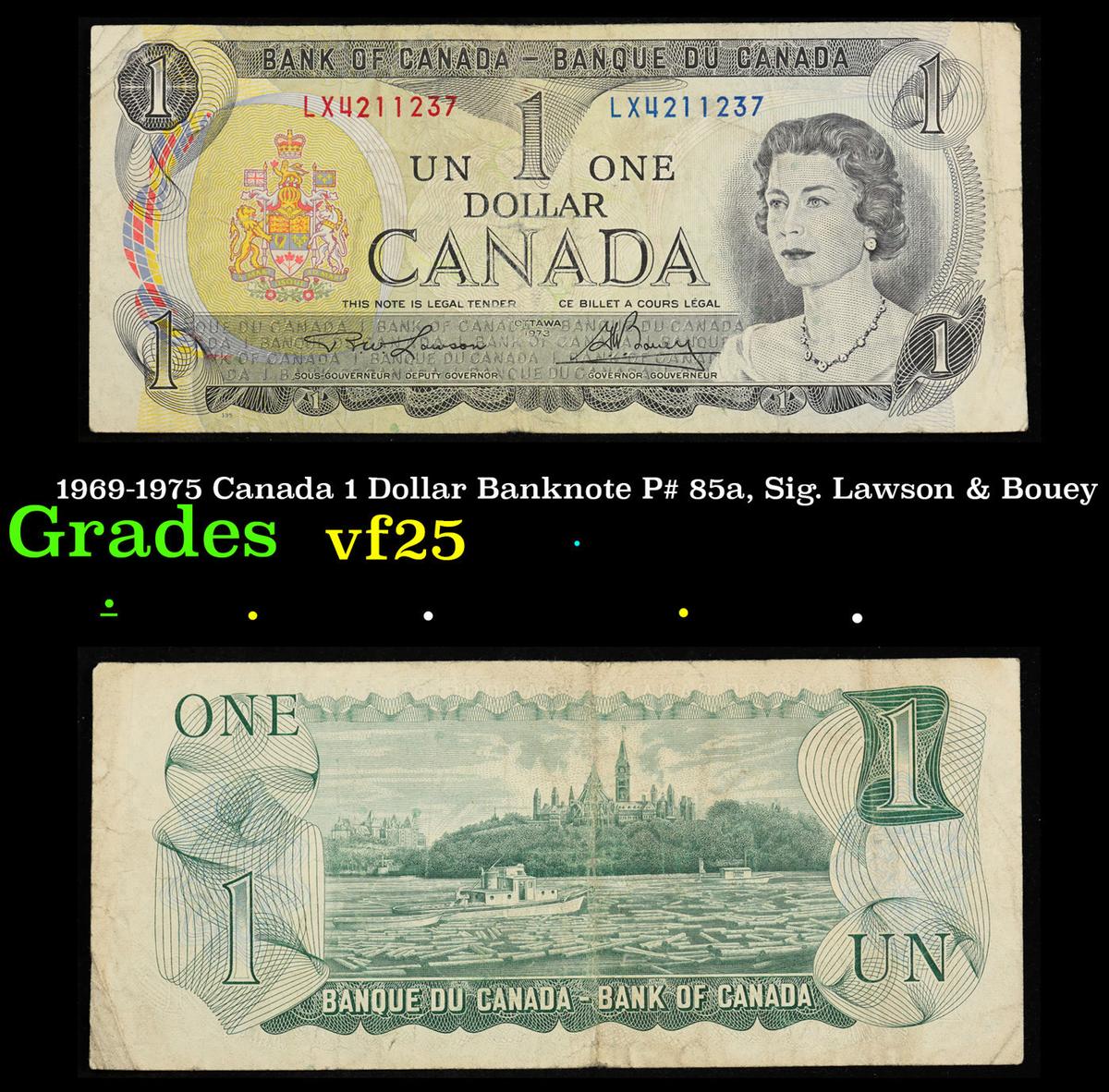 1969-1975 Canada 1 Dollar Banknote P# 85a, Sig. Lawson & Bouey Grades vf+