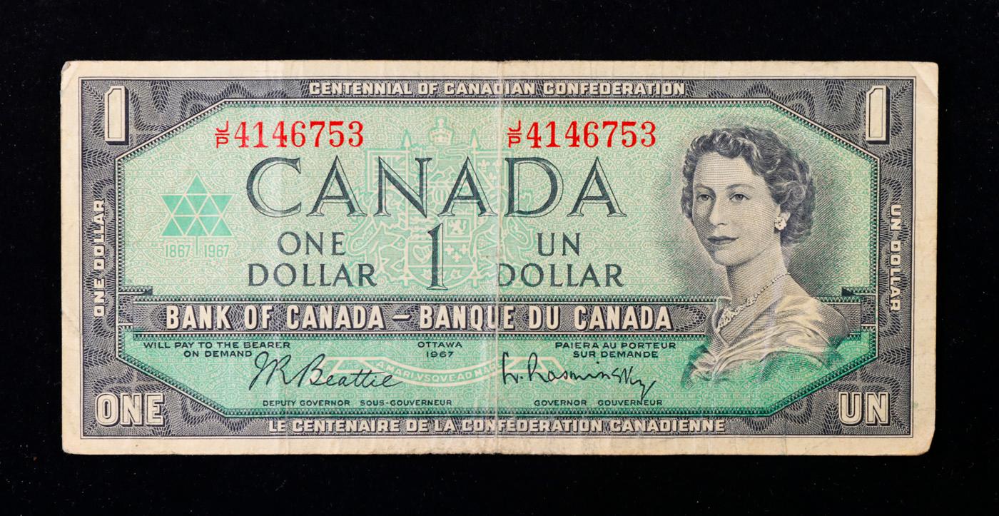 1967 Canada Centennial Issue $1 Banknote P# 84b, Sig. Beattie & Rasminsky Grades vf++