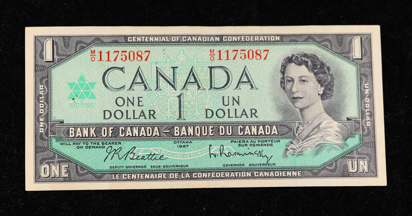 1967 Canada Centennial Issue 1 Dollar Banknote P# 84b Grades xf