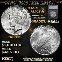***Auction Highlight*** 1926-s Peace Dollar $1 Graded ms64+ By SEGS (fc)
