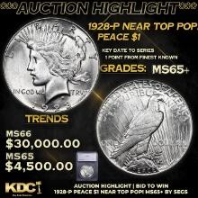 ***Auction Highlight*** 1928-p Peace Dollar Near Top Pop! 1 Graded ms65+ BY SEGS (fc)