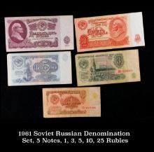 1961 Soviet Russian Denomination Set, 5 Notes, 1, 3, 5, 10, 25 Rubles Grades