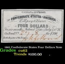 1861 Confederate States Four Dollars Note Grades Select CU