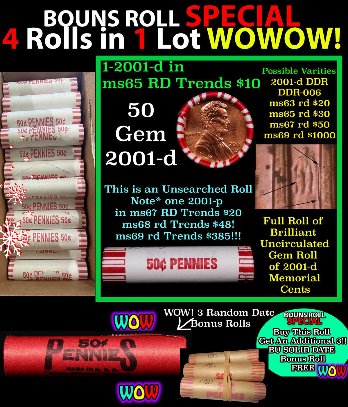 THIS AUCTION ONLY! BU Shotgun Lincoln 1c roll, 2001-d 50 pcs Plus THREE bonus random date BU roll! B