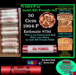 THIS AUCTION ONLY! BU Shotgun Lincoln 1c roll, 1964-p 50 pcs Plus one bonus random date BU roll! Ban