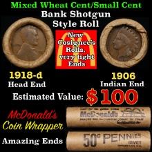 Small Cent Mixed Roll Orig Brandt McDonalds Wrapper, 1918-d Lincoln Wheat end, 1906 Indian other end