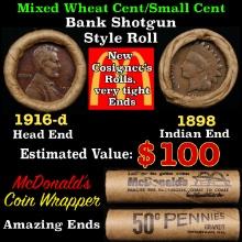 Small Cent Mixed Roll Orig Brandt McDonalds Wrapper, 1916-d Lincoln Wheat end, 1898 Indian other end