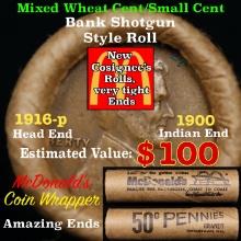 Small Cent Mixed Roll Orig Brandt McDonalds Wrapper, 1916-p Lincoln Wheat end, 1900 Indian other end