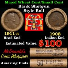 Small Cent Mixed Roll Orig Brandt McDonalds Wrapper, 1911-s Lincoln Wheat end, 1902 Indian other end