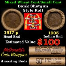 Small Cent Mixed Roll Orig Brandt McDonalds Wrapper, 1917-p Lincoln Wheat end, 1905 Indian other end