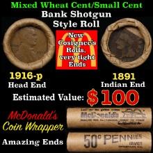 Small Cent Mixed Roll Orig Brandt McDonalds Wrapper, 1916-p Lincoln Wheat end, 1891 Indian other end