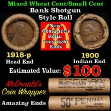 Small Cent Mixed Roll Orig Brandt McDonalds Wrapper, 1918-p Lincoln Wheat end, 1900 Indian other end