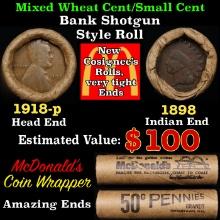 Small Cent Mixed Roll Orig Brandt McDonalds Wrapper, 1918-p Lincoln Wheat end, 1898 Indian other end