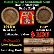 Small Cent Mixed Roll Orig Brandt McDonalds Wrapper, 1918-s Lincoln Wheat end, 1907 Indian other end