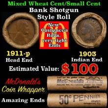Small Cent Mixed Roll Orig Brandt McDonalds Wrapper, 1911-p Lincoln Wheat end, 1903 Indian other end