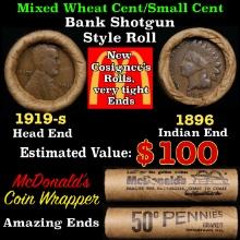 Small Cent Mixed Roll Orig Brandt McDonalds Wrapper, 1919-s Lincoln Wheat end, 1896 Indian other end
