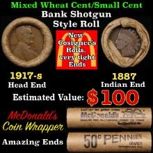 Small Cent Mixed Roll Orig Brandt McDonalds Wrapper, 1917-s Lincoln Wheat end, 1887 Indian other end