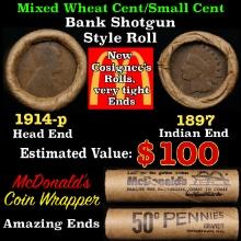 Small Cent Mixed Roll Orig Brandt McDonalds Wrapper, 1914-p Lincoln Wheat end, 1897 Indian other end