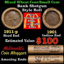 Small Cent Mixed Roll Orig Brandt McDonalds Wrapper, 1911-p Lincoln Wheat end, 1901 Indian other end