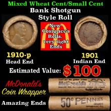 Small Cent Mixed Roll Orig Brandt McDonalds Wrapper, 1910-p Lincoln Wheat end, 1901 Indian other end