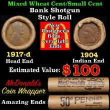 Small Cent Mixed Roll Orig Brandt McDonalds Wrapper, 1917-d Lincoln Wheat end, 1904 Indian other end