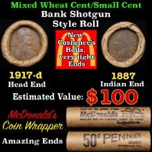 Small Cent Mixed Roll Orig Brandt McDonalds Wrapper, 1917-d Lincoln Wheat end, 1887 Indian other end