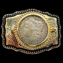 Estate gold-tone belt buckle with 1886 U.S. Morgan silver dollar