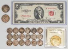 1953-B $2 Red Seal, 1967 Kennedy Half Dollar, 1960/1964 Washington Silver Quarters &
