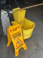 MOP BUCKET MOP AND WET FLOOR SIGN