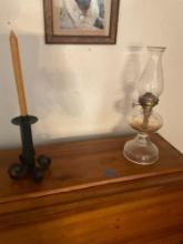9" metal candle holder & 19" vintage oil lamp