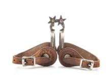 Unique pair of kids double mounted Spurs, possibly McChesney, unique five-point engraved rowels, mou