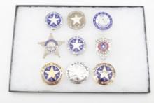 Collection of nine (9) replica Texas Law Enforcement Badges to include: Round circle star Badge in s