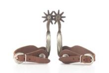 Pair of "Crockett" marked, single mounted Spurs with diamond shaped silver mountings on heel bands.