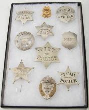 Framed Showcase Collection of 10 Badges to include: (1) Special Police 6-point Star Badge, 2 1/2" ac