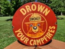Porcelain Smokey The Bear Drown Your Campfires Sign National Park