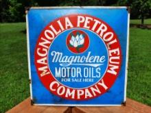 Porcelain Magnolia Petroleum Company Sign Magnolene Motor Oils For Sale Here Station Sign