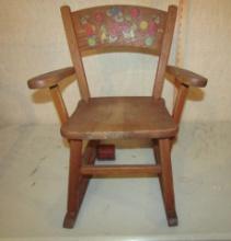 Vtg Solid Oak Child's Rocking Chair W/ Clowns And Noise (NO SHIPPING THIS LOT)