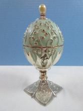 Adorable 2002 Wallace Faberge Style Enamel/Silverplate 8" Musical Easter Egg Hinged Faux Pearl