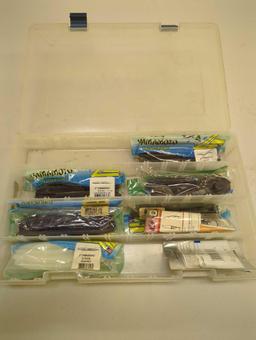 Tackle Box and contents including various worms and other various fishing lures. Comes as is shown