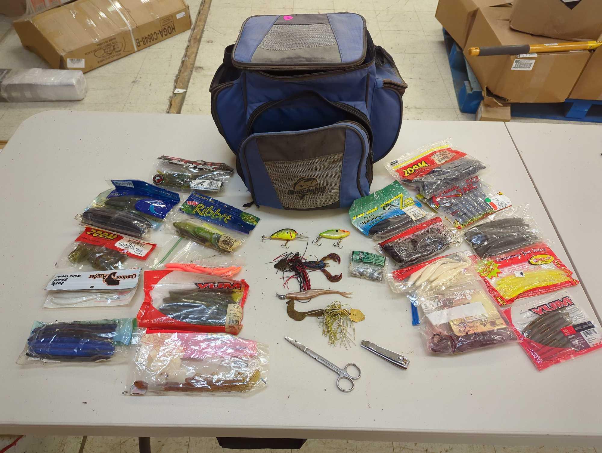 Okeechohee Fats bag and contents including various worm fishing lures and other various fishing
